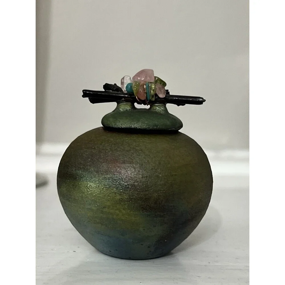Jeremy Diller Raku Pottery Dream Catcher Spirit Jar w/ Lid Iridescent Signed